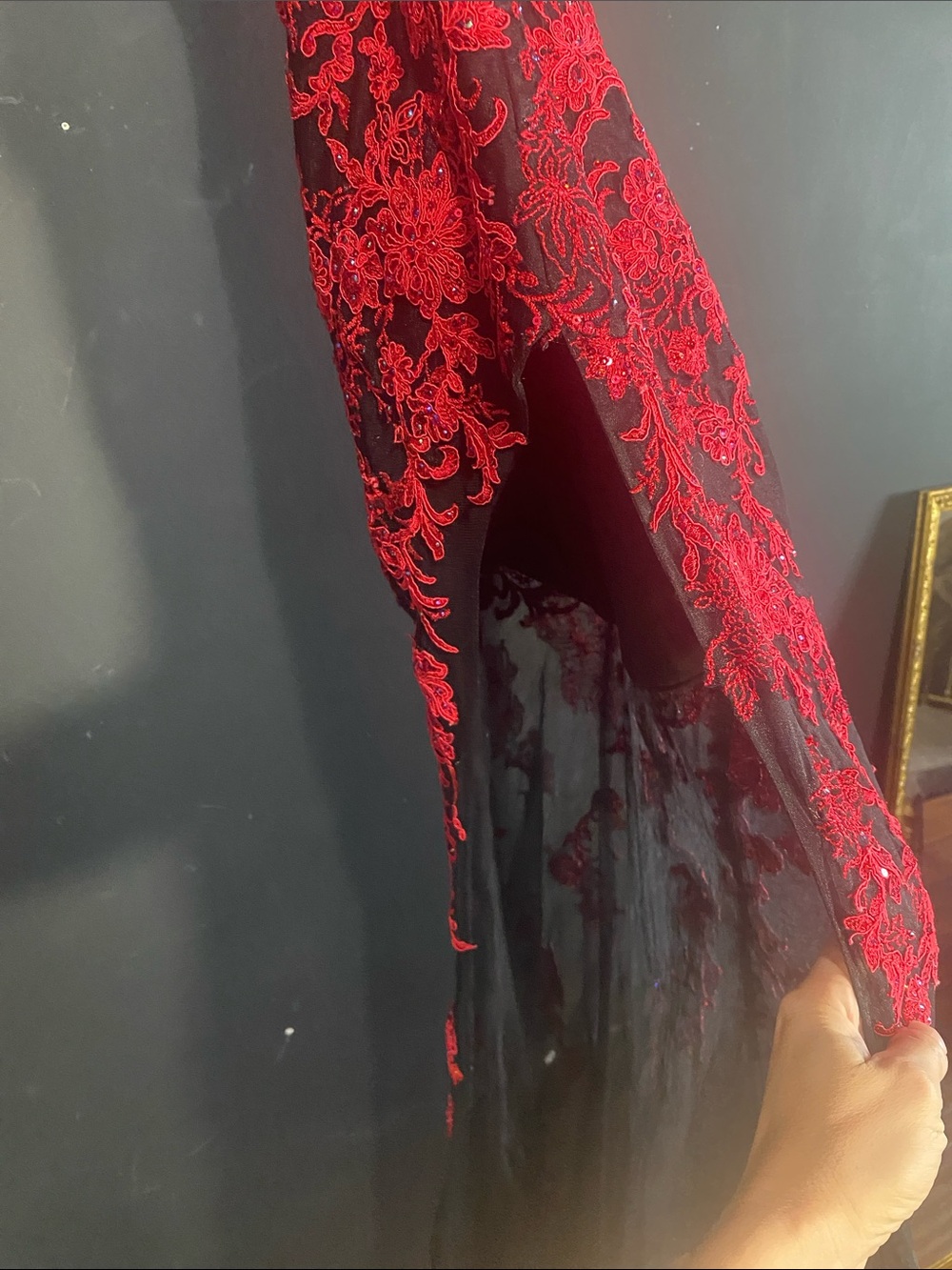Red Floral Lace Maxi Dress with Black Sheer Base - Picture 6 of 6